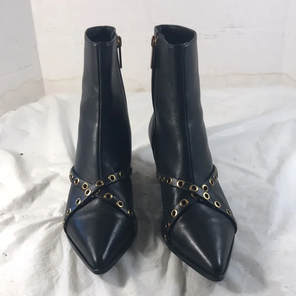 Cecelia New York Women’s Black Leather Dundy Buckle Pointy Toe Ankle Boots